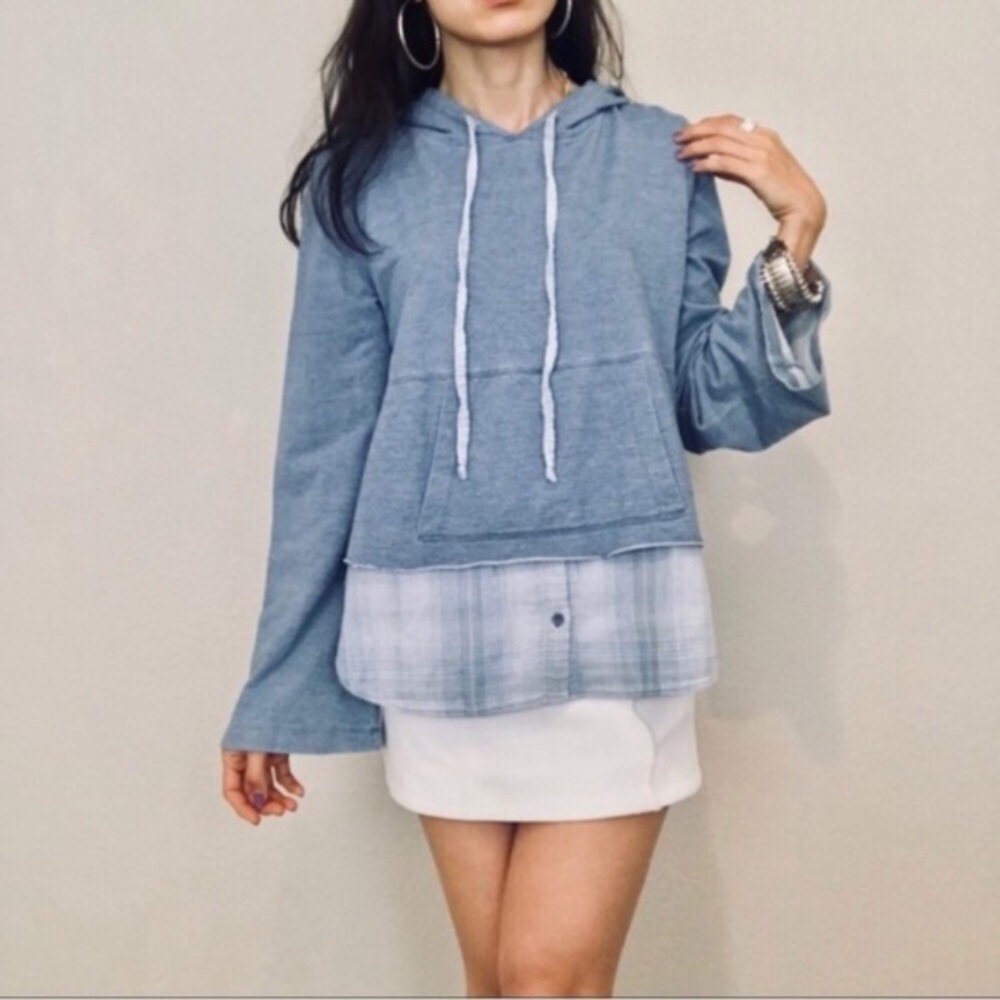 Cloth & Stone Chambray Plaid Hoodie Top size L